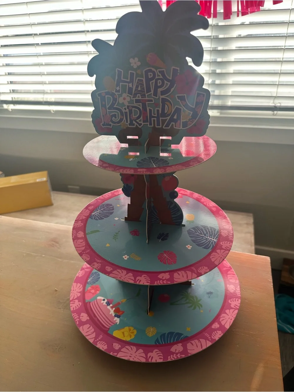 Tropical Blue & Pink Happy Birthday 3-Tier Cake Stand